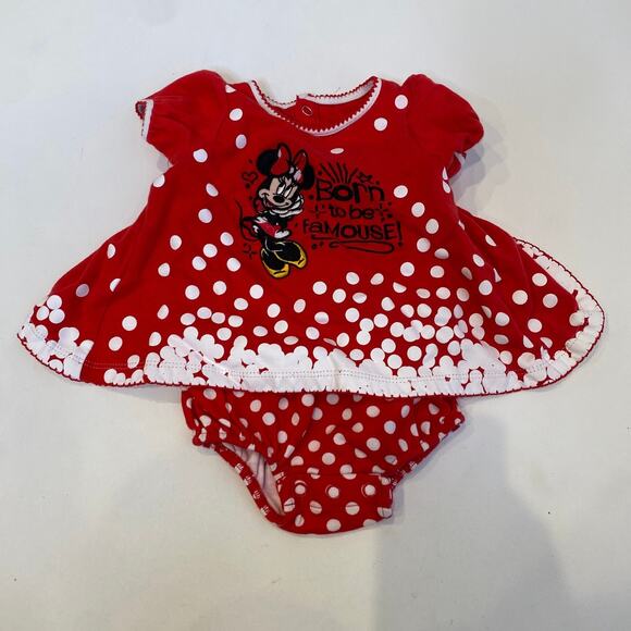 Disney Parks Born To Be Famouse Minnie Girls Onesie EUC Sz 6 Mo Cotton Red Polka - Picture 1 of 7